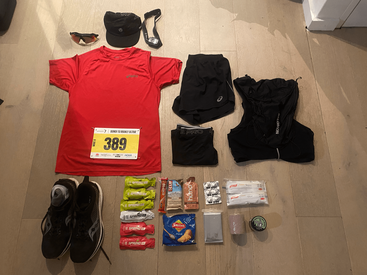 Flat lay of running gear used in the ultra race